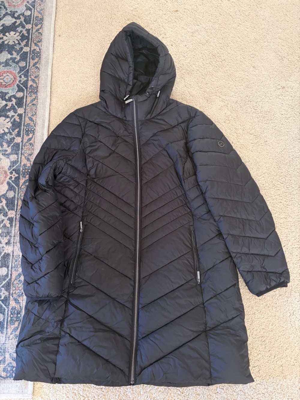 Michael Kors Black Hooded Chevron Quilted Long Puffer Coat